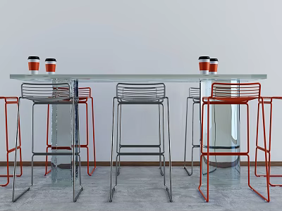 Modern Glass Bar Counter With Red And Metallic Stools And Cups On Top 3d model
