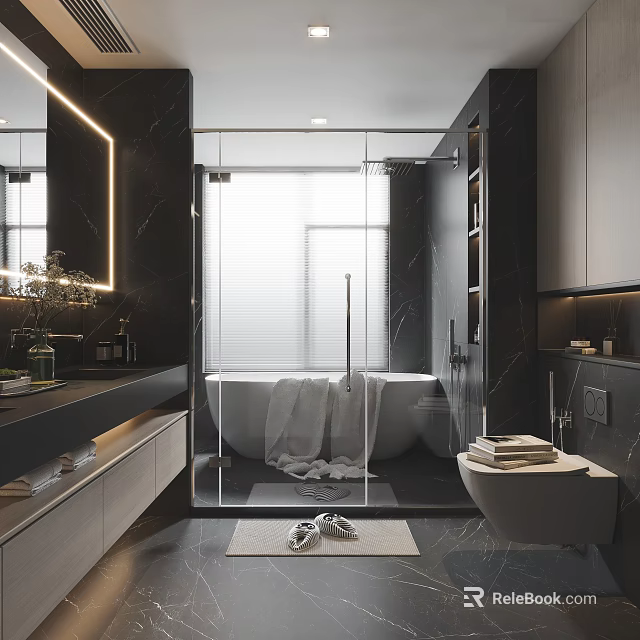 Modern Luxury Bathroom Interior Design With Backlit Mirror Freestanding Tub And Glass Shower 3d model 