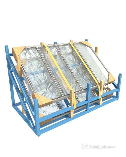Blue Metal Frame Structure Holding Multiple Glass Panels With Wooden Supports 3d model 