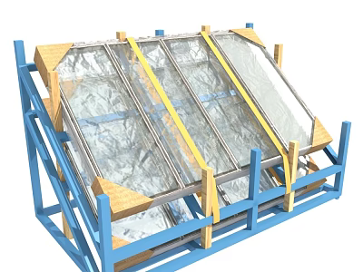 Blue Metal Frame Structure Holding Multiple Glass Panels With Wooden Supports 3d model