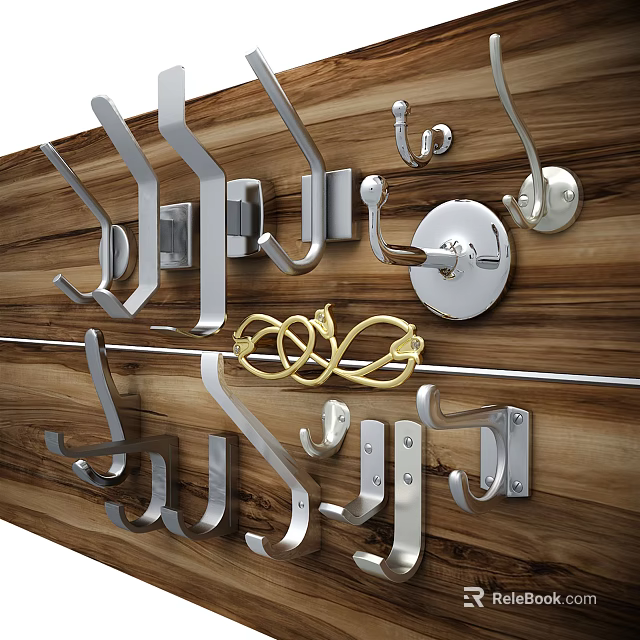 Different Types Of Metal Hooks In Various Shapes Mounted On Wooden Wall 3d model 