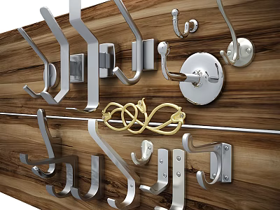 Different Types Of Metal Hooks In Various Shapes Mounted On Wooden Wall 3d model
