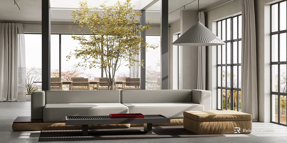Modern Open Living Dining Room Interior With Sofa Coffee Table And Floor to Ceiling Windows 3d model 
