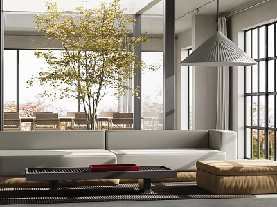 Modern Open Living Dining Room Interior With Sofa Coffee Table And Floor to Ceiling Windows 3d model