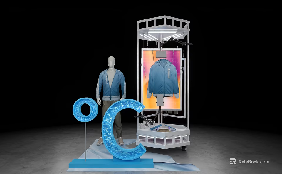 Shopping Mall Clothing Store Featuring Mannequin Wearing Blue Jacket And Display Stand With Letter Decor 3d model 