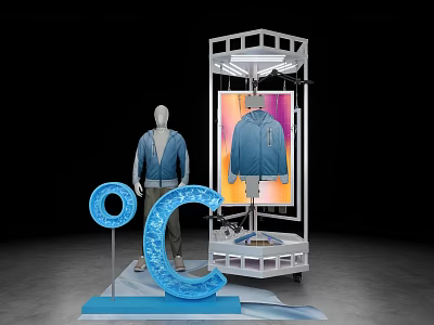 Shopping Mall Clothing Store Featuring Mannequin Wearing Blue Jacket And Display Stand With Letter Decor 3d model