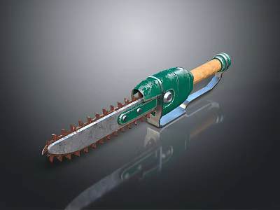 Green Chainsaw With Wooden Handle Sharp Metal Teeth And Dark Gradient Background 3d model