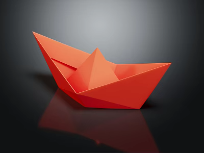 Decorative Ornament Set Featuring Red Origami Boat on Black Background with Reflection 3d model