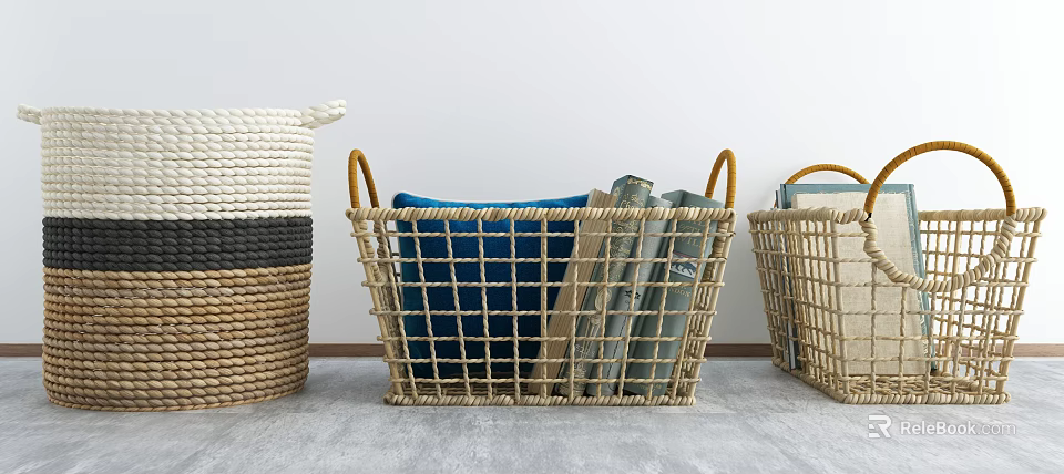Woven Storage Baskets With Handles For Home Organizing Books And Blue Pillow 3d model 