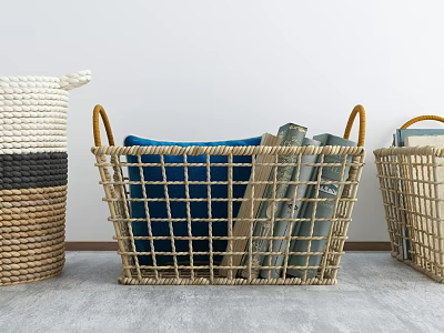 Woven Storage Baskets With Handles For Home Organizing Books And Blue Pillow 3d model