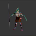 Fantasy Humanoid Creature With Blue Red Skin Holding Spear Brown Loincloth And Clawed Feet