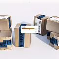 Multiple Brown Cardboard Cartons With Blue Tape And Shipping Labels On White Background