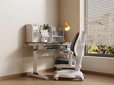 Modern Minimalist Desk Setup With Ergonomic Chair Lamp Plant And Tablet Near Window Blinds 3d model
