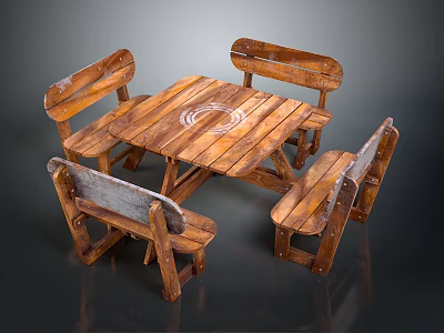 Rustic Wooden Dining Table Set With Four Chairs And Natural Grain Design 3d model