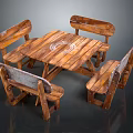 Rustic Wooden Dining Table Set With Four Chairs And Natural Grain Design 3d model