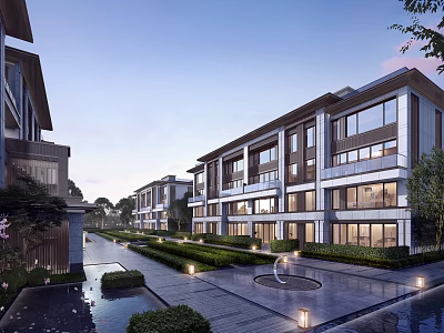 Modern Style Detached Villa With Large Windows Courtyard Water Features Greenery And Outdoor Lighting 3d model