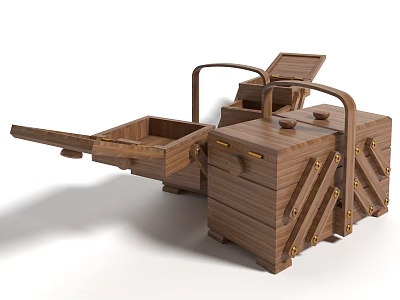 Vintage Wooden Storage Boxes With Open Drawer Lid And Metal Accents 3d model
