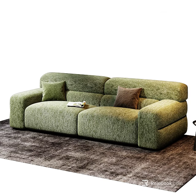 Green Upholstered Sectional Sofa with Two Colored Pillows on Brown Rug and Books on Seat 3d model 
