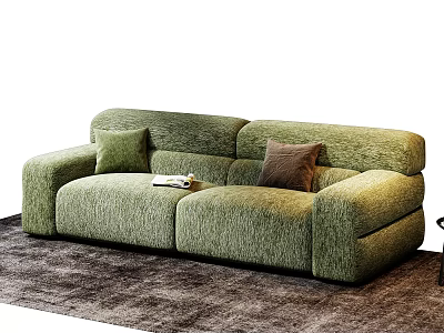 Green Upholstered Sectional Sofa with Two Colored Pillows on Brown Rug and Books on Seat 3d model