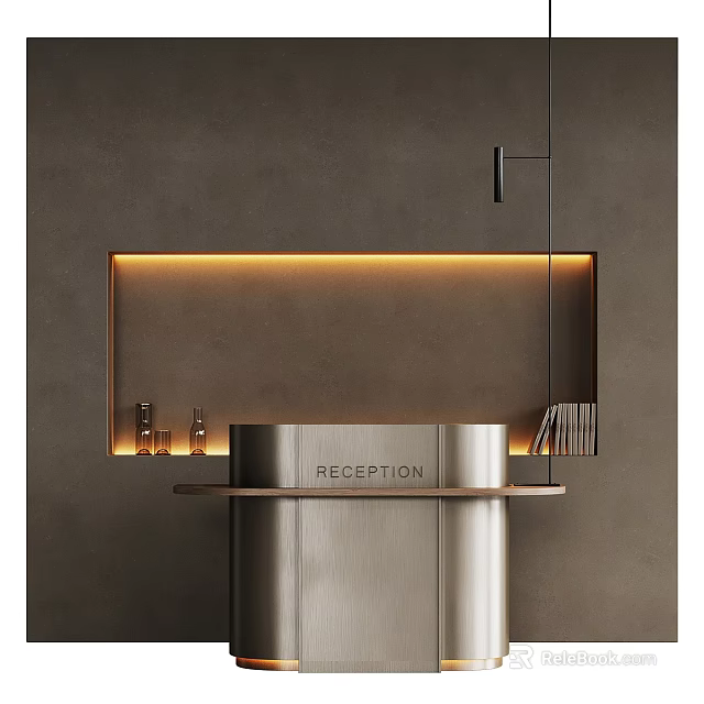 Modern Reception Desk with Sleek Metal Design Warm Ambient Lighting and Decorative Accents 3d model 