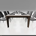 Modern Wooden Dining Table Set With Gray Upholstered Chairs And Tableware 3d model