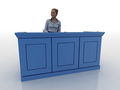 Blue Reception Desk With Cabinet Doors And Receptionist Standing Behind 3d model