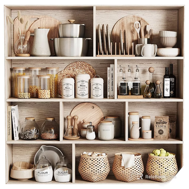 Organized Wooden Kitchen Shelf Displaying Spice Bottles Grains And Cooking Utensils 3d model 