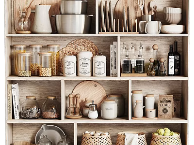 Organized Wooden Kitchen Shelf Displaying Spice Bottles Grains And Cooking Utensils 3d model