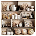 Organized Wooden Kitchen Shelf Displaying Spice Bottles Grains And Cooking Utensils