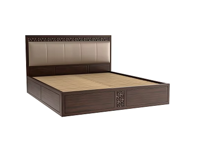 Dark Wood Double Bed With Upholstered Headboard And Carved Details 3d model