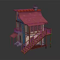 Cartoon House Scene With Red Strawberry Shaped Roof Wooden Staircase Balcony And Ivy Plants