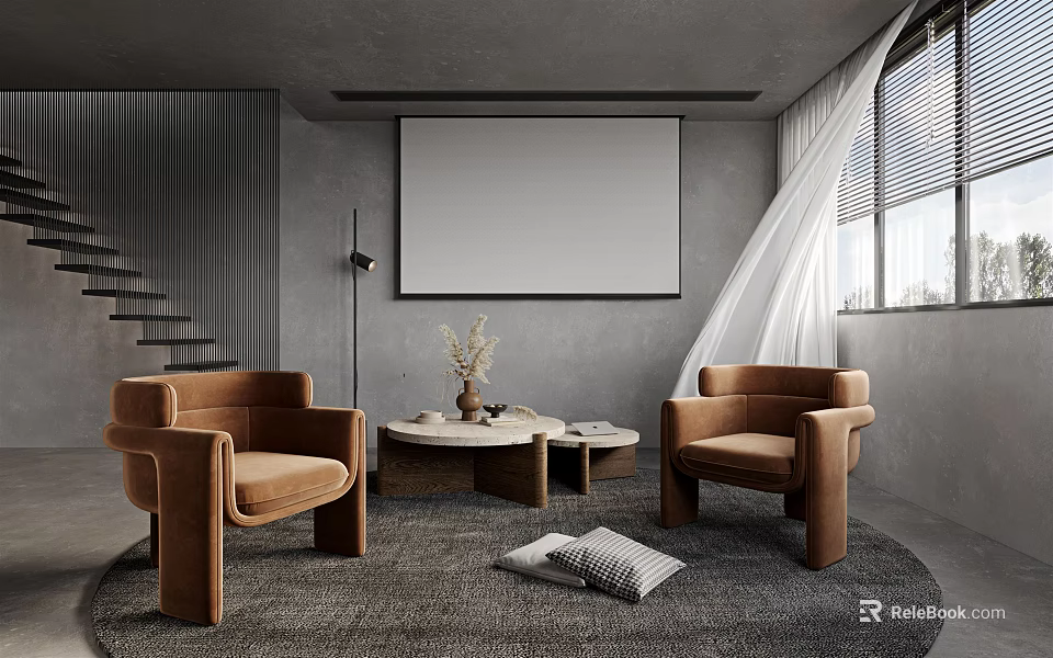 Modern Living Room Interior With Gray Walls Brown Armchairs Round Coffee Table And White Curtains 3d model 