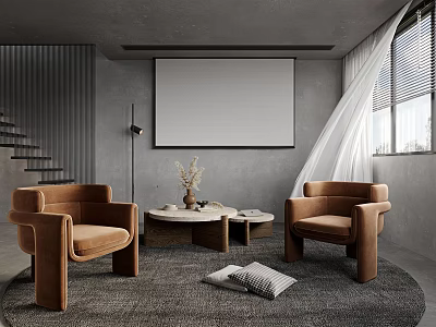 Modern Living Room Interior With Gray Walls Brown Armchairs Round Coffee Table And White Curtains 3d model