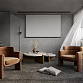 Modern Living Room Interior With Gray Walls Brown Armchairs Round Coffee Table And White Curtains