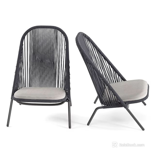 Modern Rattan Leisure Chair With Black Frame Light Gray Cushion And Metal Legs 3d model 