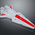 White and Red Cosmic Spaceship Model Featuring Sleek Design Yellow Circular Details and Futuristic Thrusters