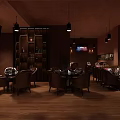 Stylish Bar Interior With Dark Decor Wine Shelves Chandeliers Tables And TV Screen
