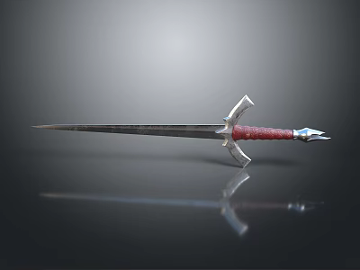 Silver Decorative Sword With Red Handle And Sharp Blade On Dark Background 3d model