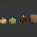 Four Colorful Pumpkins White Striped Orange And Green Arranged On Gray Background With Clear Reflections