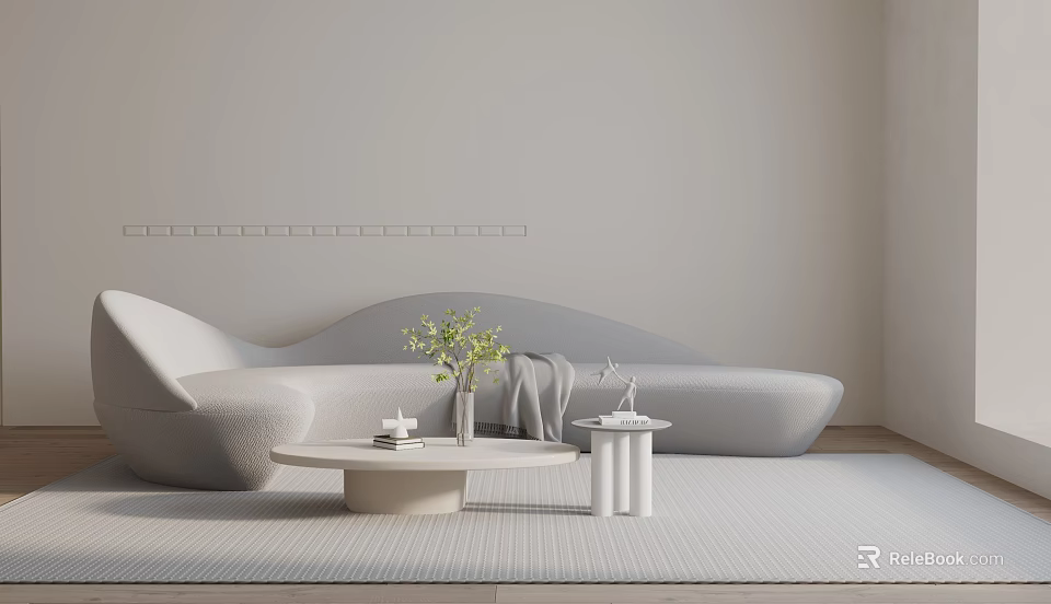 Modern Three Seater Sofa with Round Coffee Table Green Plant Side Table and Light Rug 3d model 