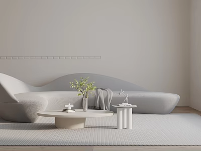 Modern Three Seater Sofa with Round Coffee Table Green Plant Side Table and Light Rug 3d model