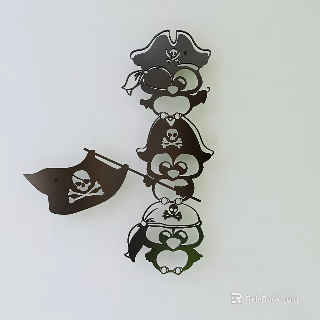 Pirate Theme Penguin Wall Decor With Skull Flag And Cute Characters 3d model
