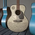 Artistic Acoustic Guitars Display With Hand-Painted Artwork And Colorful Frames On Wooden Surface