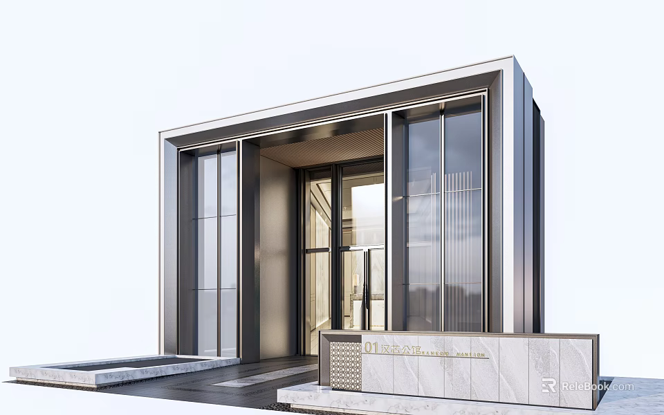 Minimalist Modern Entrance Gate Design With Glass Doors Metal Frame And Stone Steps 3d model 