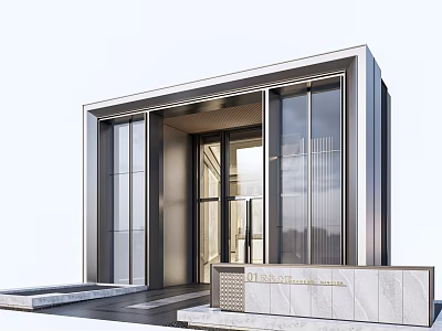 Minimalist Modern Entrance Gate Design With Glass Doors Metal Frame And Stone Steps 3d model