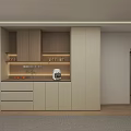 Modern Wooden Sideboard With Light Panels Storage Drawers Cabinets Open Shelves And Built-in Appliances