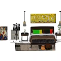Double Bed With Colorful Pillows Nightstands Table Lamps Yellow Abstract Painting And Rug