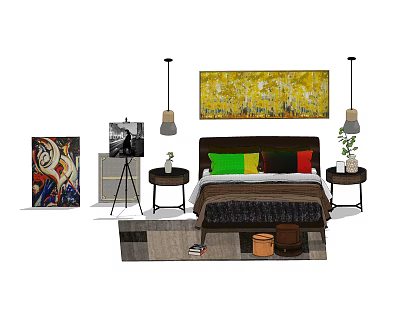 Double Bed With Colorful Pillows Nightstands Table Lamps Yellow Abstract Painting And Rug 3d model