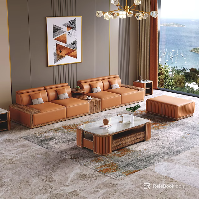 Modern Leather Sofa And Coffee Table Set With Wooden Frame And Ottoman Stool 3d model