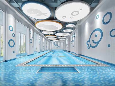 Indoor Swimming Pool with Blue Tiled Floor Circular Ceiling Lights and Wall Fish Bubble Patterns 3d model